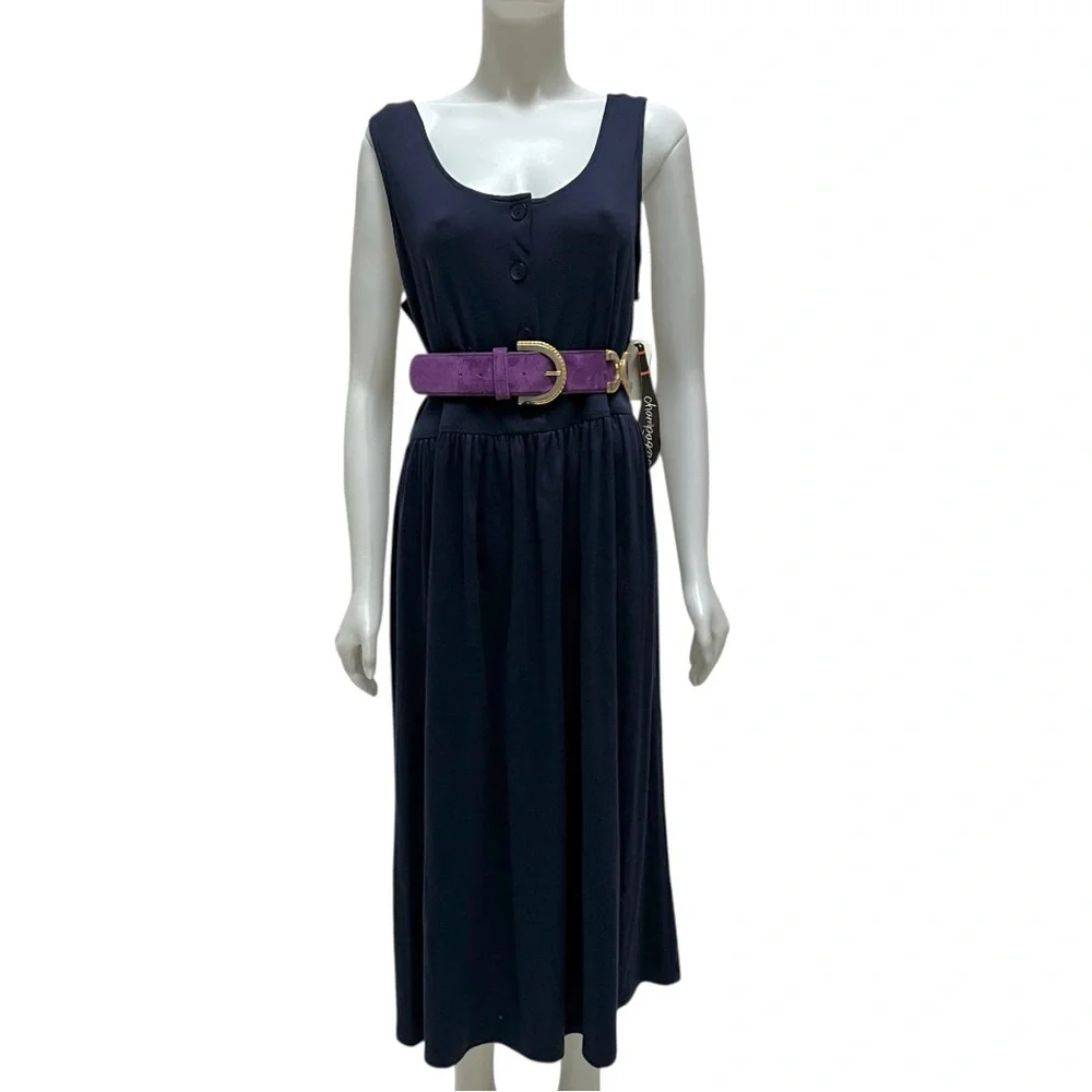 Vtg CHAMPAGNE Maxi Dress Drop-Waist Navy Minimalist Lagenlook NWT 90's‎ X-large